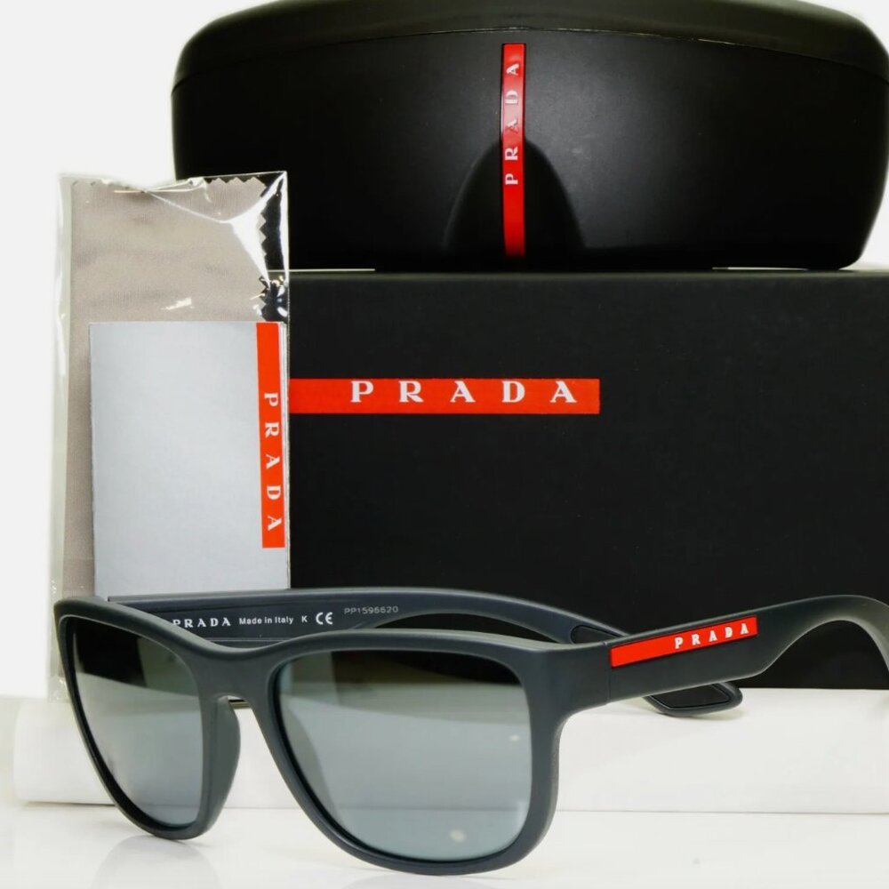 Prada Mens Grey Sunglasses Square Mirror Red Stripe